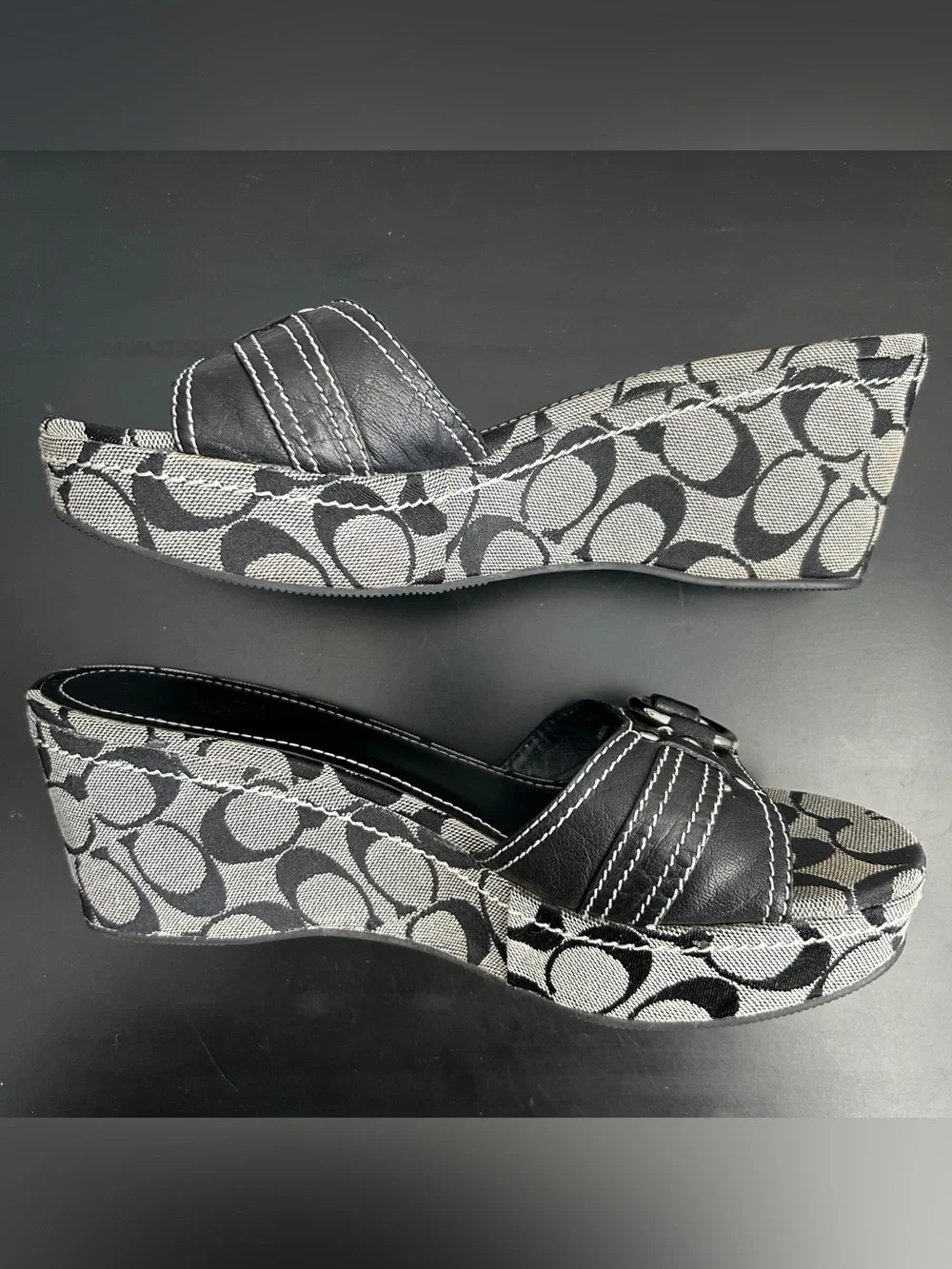 Y2K Coach Janeesa Wedge Sandals with Signature C Pattern and Silver Hardware